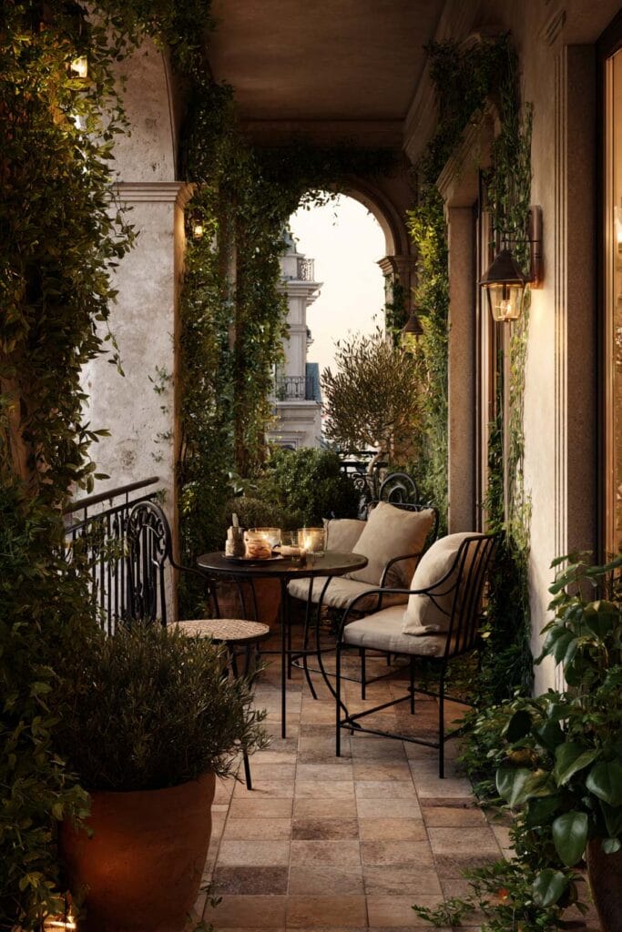 Private Paris balcony with climbing vines, lantern lighting, candlelit bistro table, wrought iron furniture, and cozy evening atmosphere