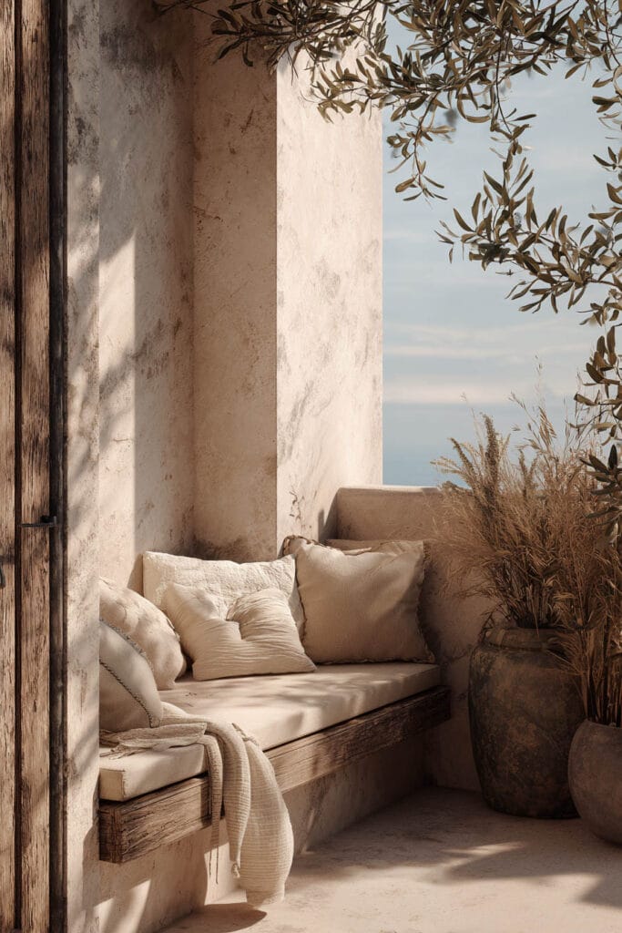 Rustic coastal Mediterranean balcony with built-in bench seating, neutral cushions, olive branches, weathered pottery, and sunlit stucco walls.