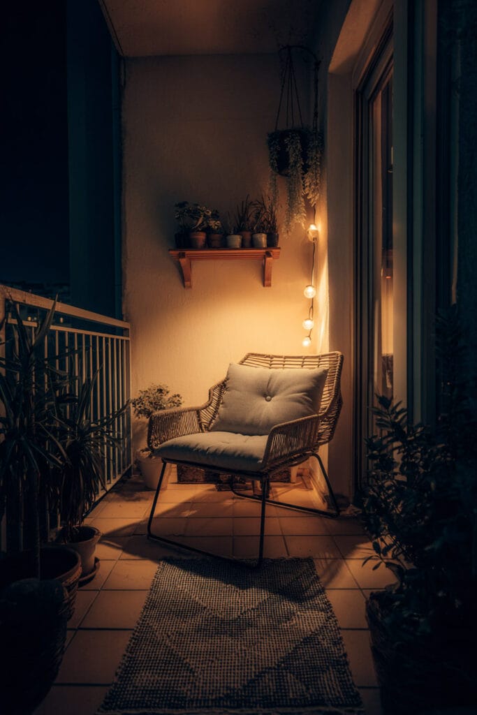 Small balcony with woven lounge chair, warm globe lights, potted plants, and cozy ambient lighting creating a relaxing outdoor retreat at night
