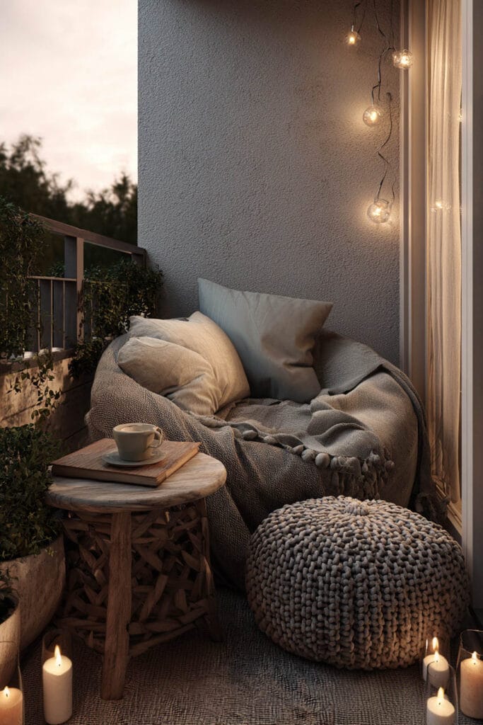 Small romantic balcony with cozy lounge chair, knit pouf, candle lanterns, soft blankets, and warm evening lighting.