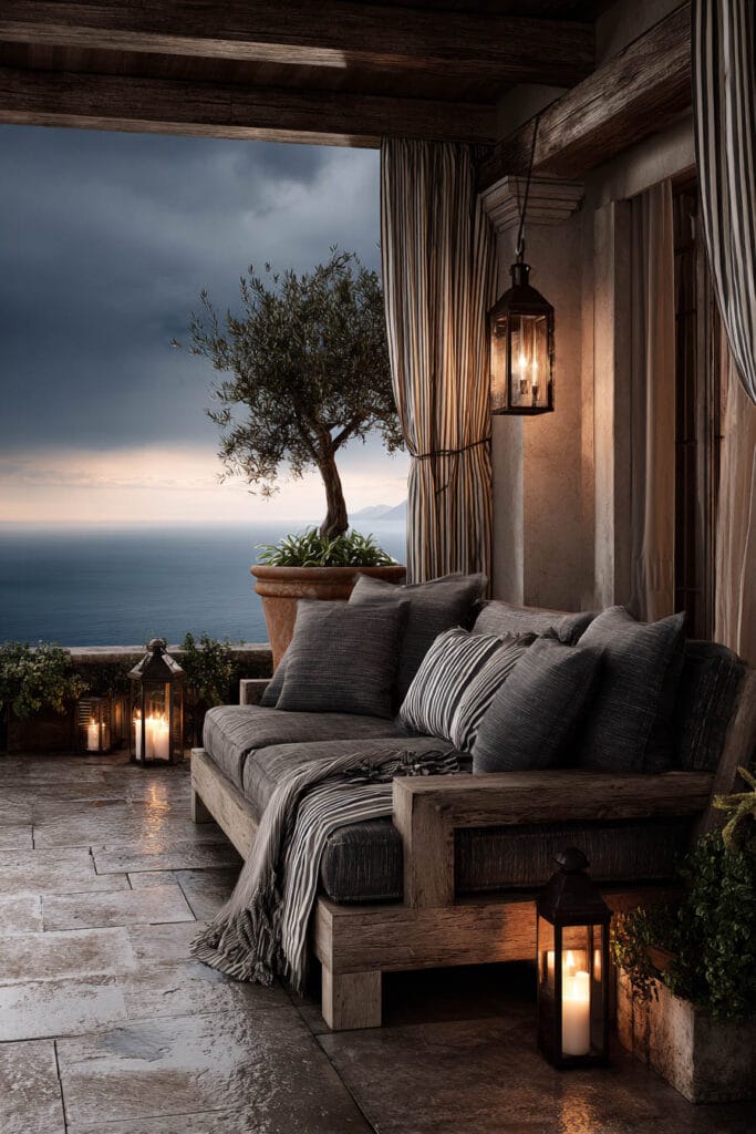 Stormy coastal balcony with ocean view, lanterns, olive tree, weathered wood sofa, striped cushions, and cozy evening lighting.