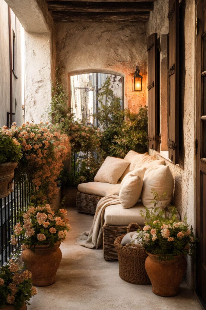 French balcony with textured stone walls, terracotta planters, woven baskets, linen seating, lantern lighting, and timeless European decor.