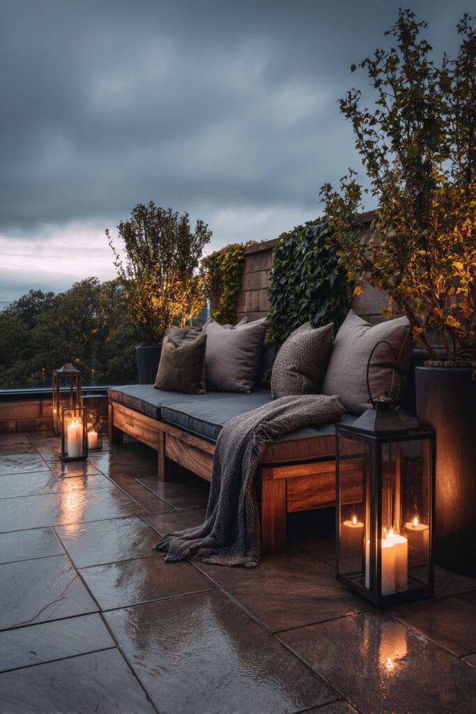 Moody balcony at blue hour with lantern candles, cozy seating, wet flooring, warm lighting, and dramatic dusk sky.