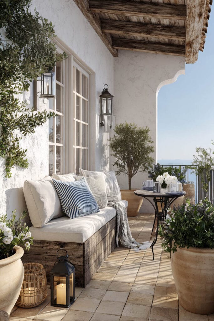 Coastal Mediterranean balcony with blue striped pillows, olive tree, rustic wood bench, terracotta planters, lanterns, and ocean-view outdoor seating.