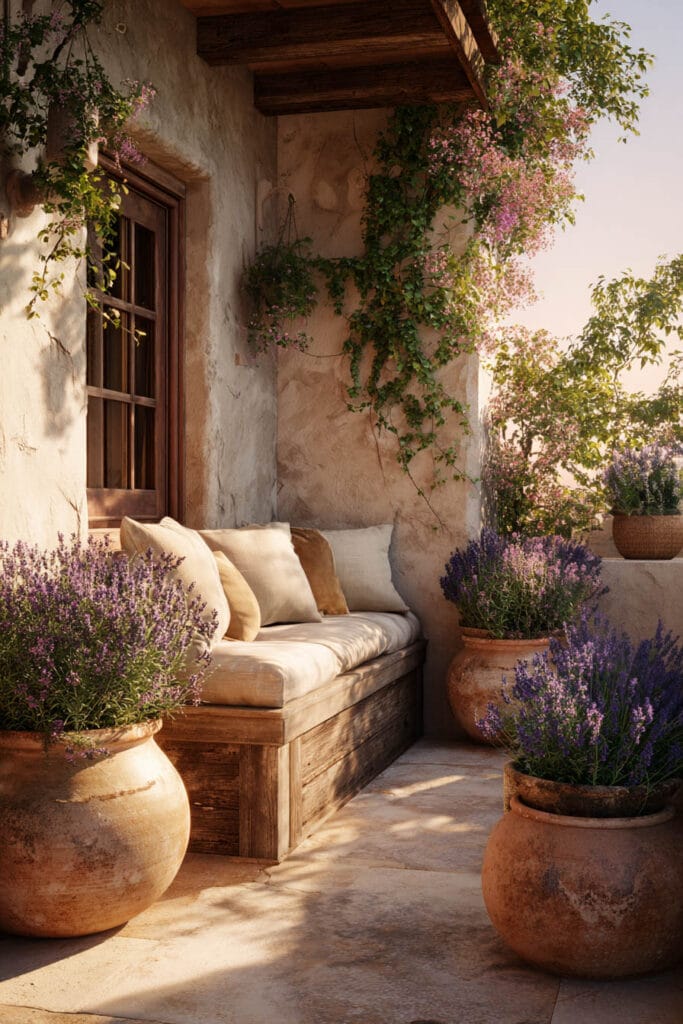 Mediterranean balcony with lavender in terracotta pots, flowering vines, rustic built-in bench, Mediterranean herbs, and warm stone flooring.