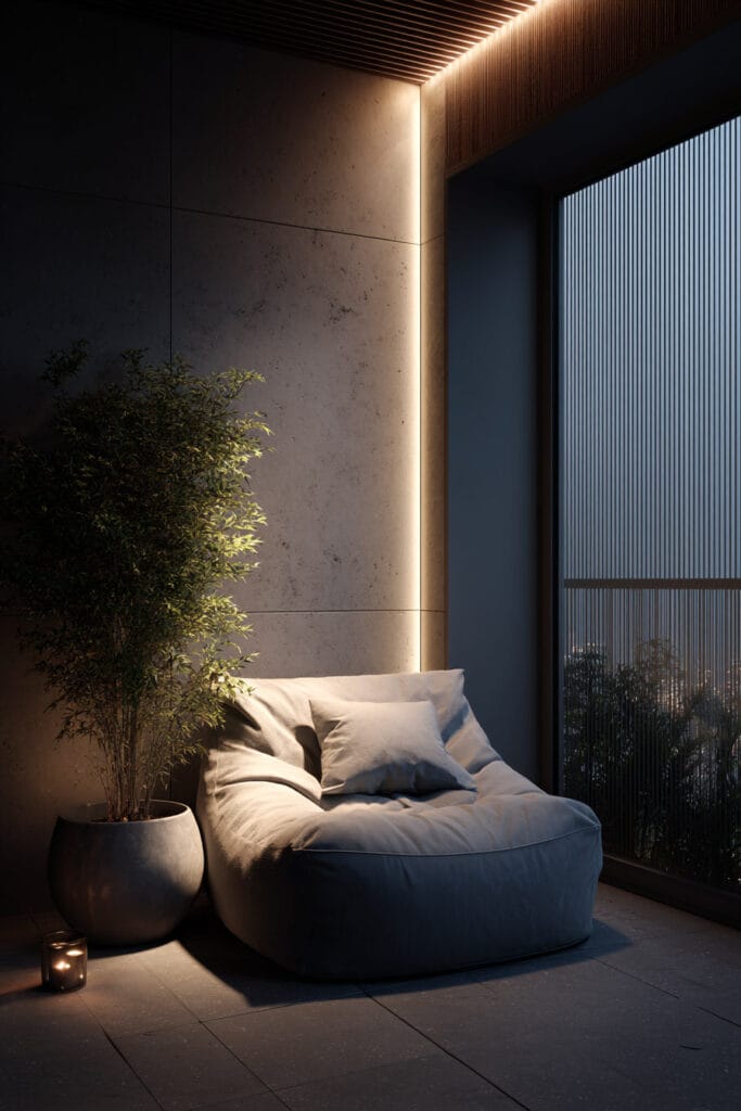Modern balcony lounge chair with concealed LED lighting, architectural wall details, minimalist decor, and soft ambient lighting at night.