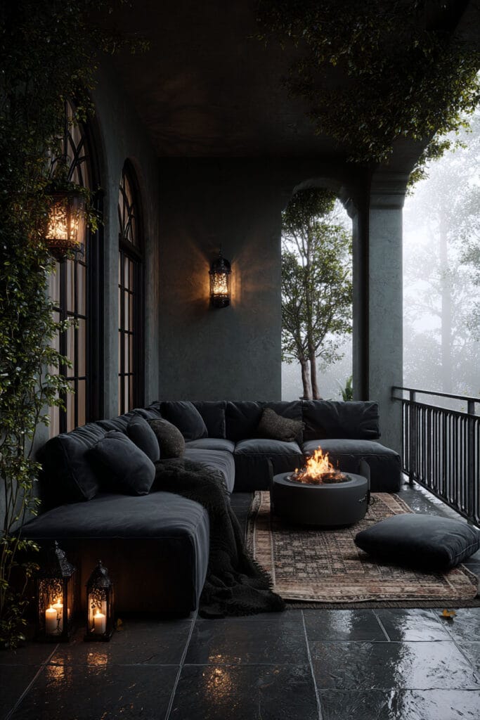 Moody balcony with fire pit, dark sectional sofa, lanterns, wet flooring, vintage rug, and cozy outdoor seating at dusk.
