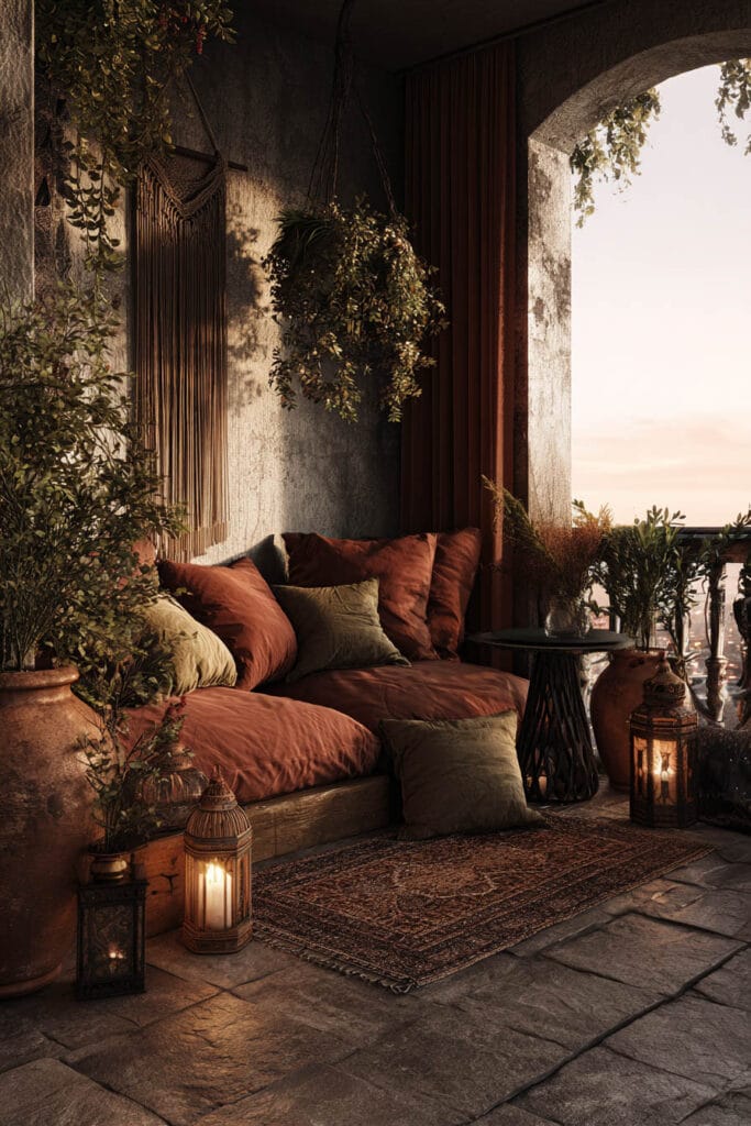 Moody boho balcony with terracotta cushions, lantern lighting, hanging plants, textured rug, and warm ambient evening glow.