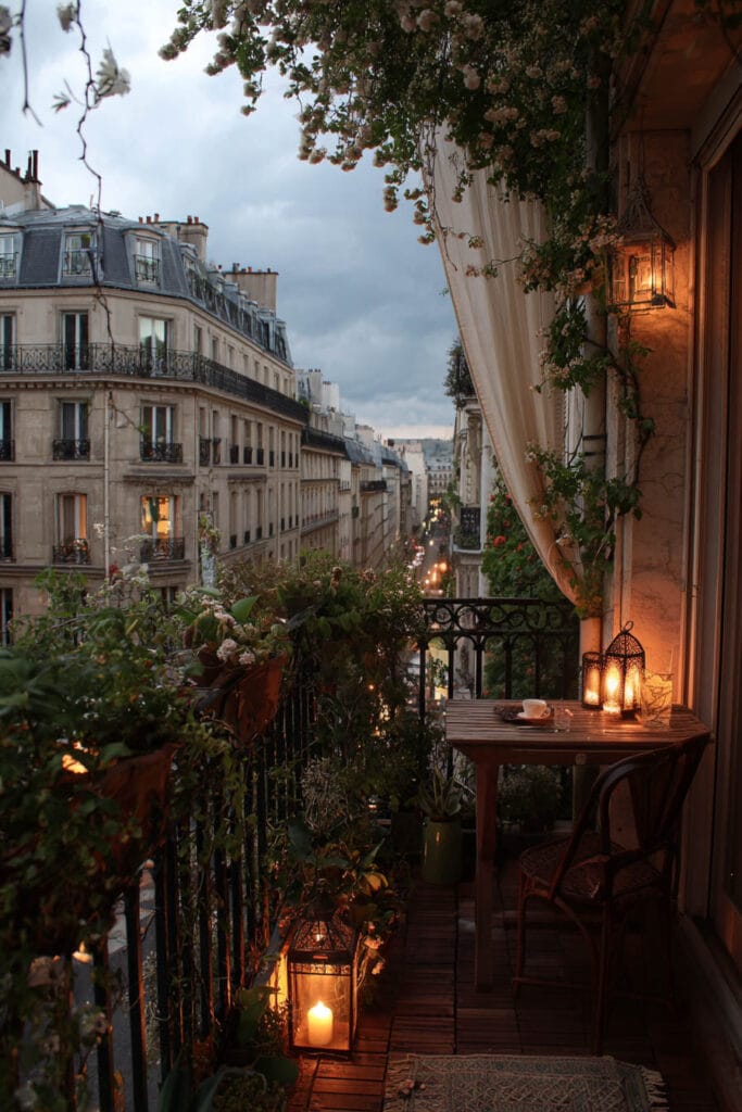 Paris balcony at dusk with lanterns, flower boxes, flowing curtains, café table, and romantic hidden café atmosphere