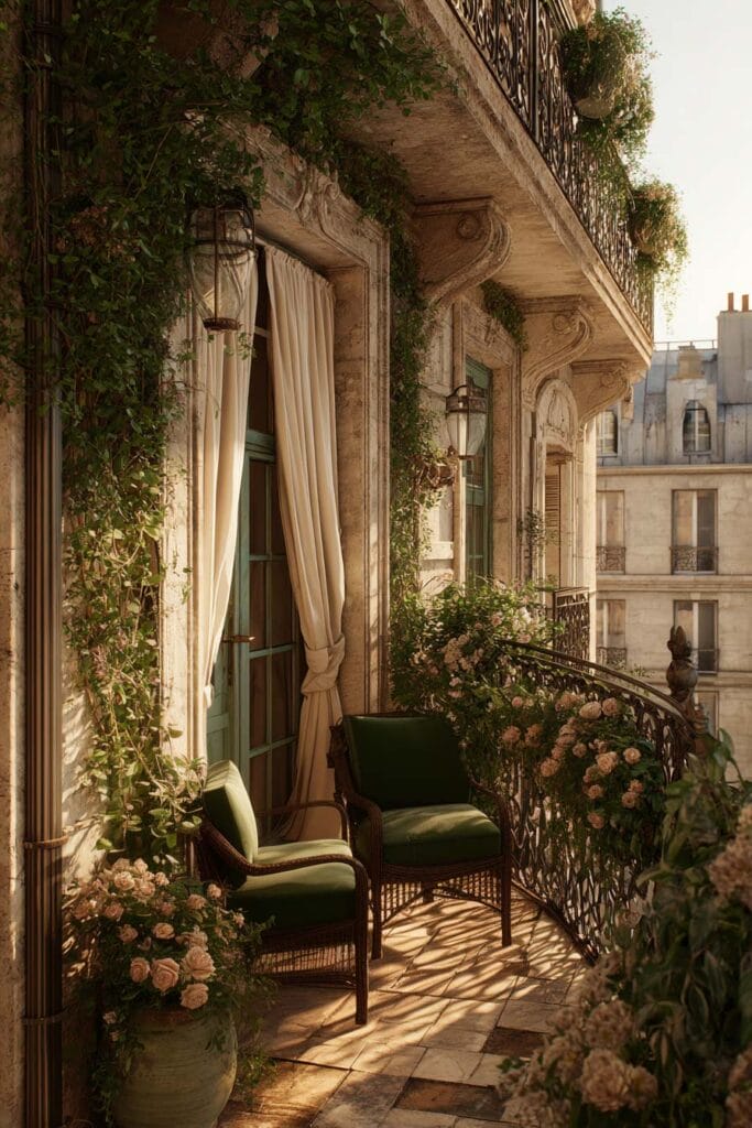Private Paris balcony with climbing vines, rose-filled planters, linen curtains, cozy seating, and wrought iron railing in warm evening light