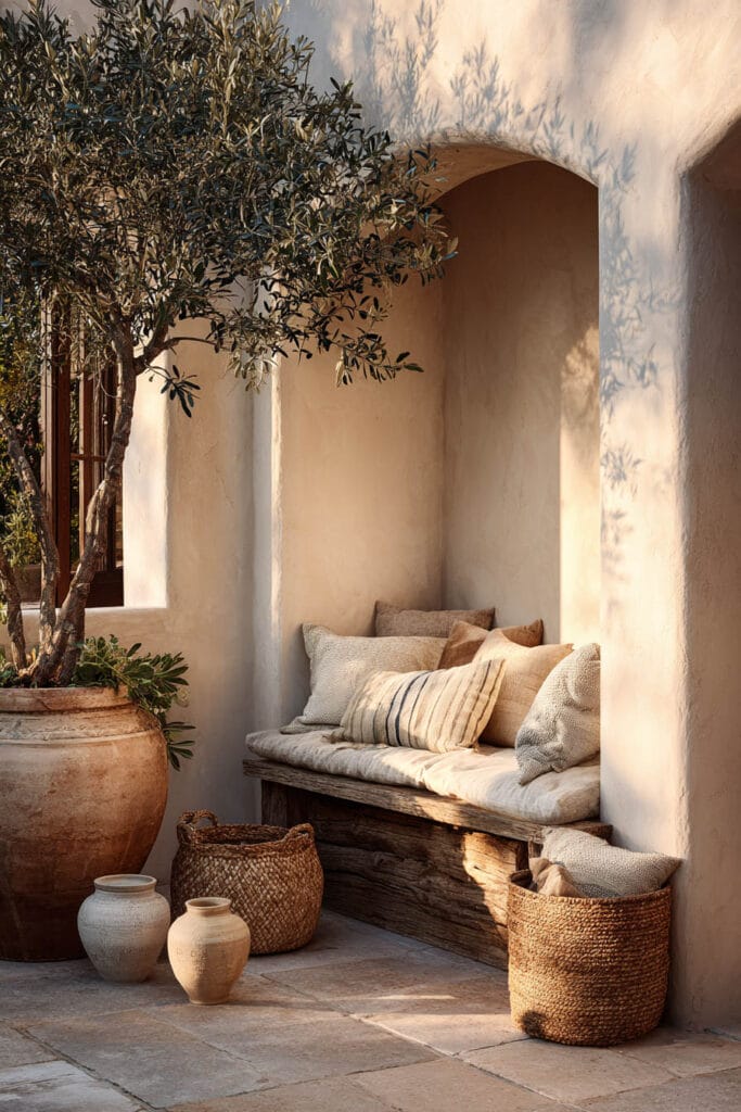 Rustic Mediterranean balcony with built-in wooden bench, olive tree in terracotta pot, woven baskets, neutral cushions, and warm natural textures.