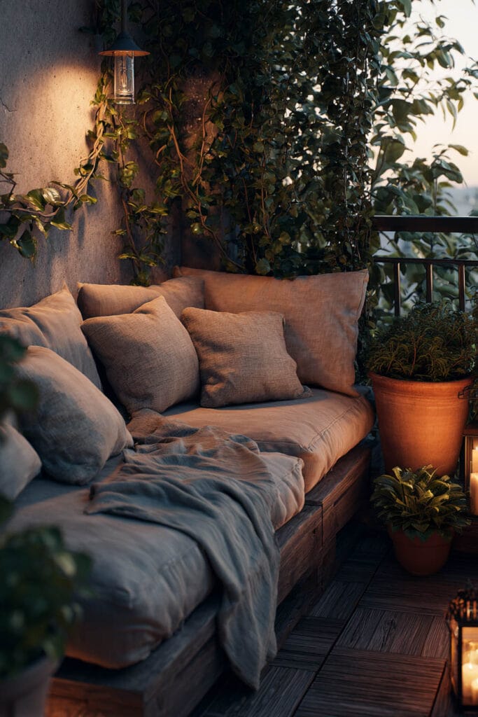 Cozy balcony with soft neutral cushions, warm wall lantern, lush greenery, wood bench seating, and relaxed evening ambiance.