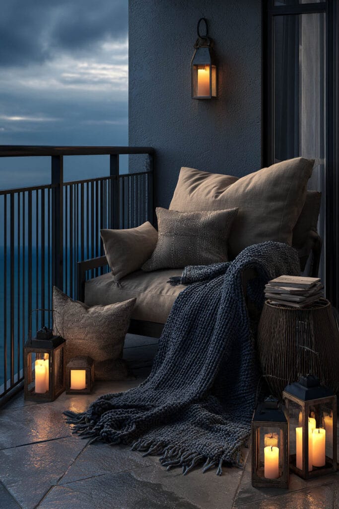 Blue hour balcony with lantern candles, cozy armchair, knit blanket, books, and warm dusk lighting.