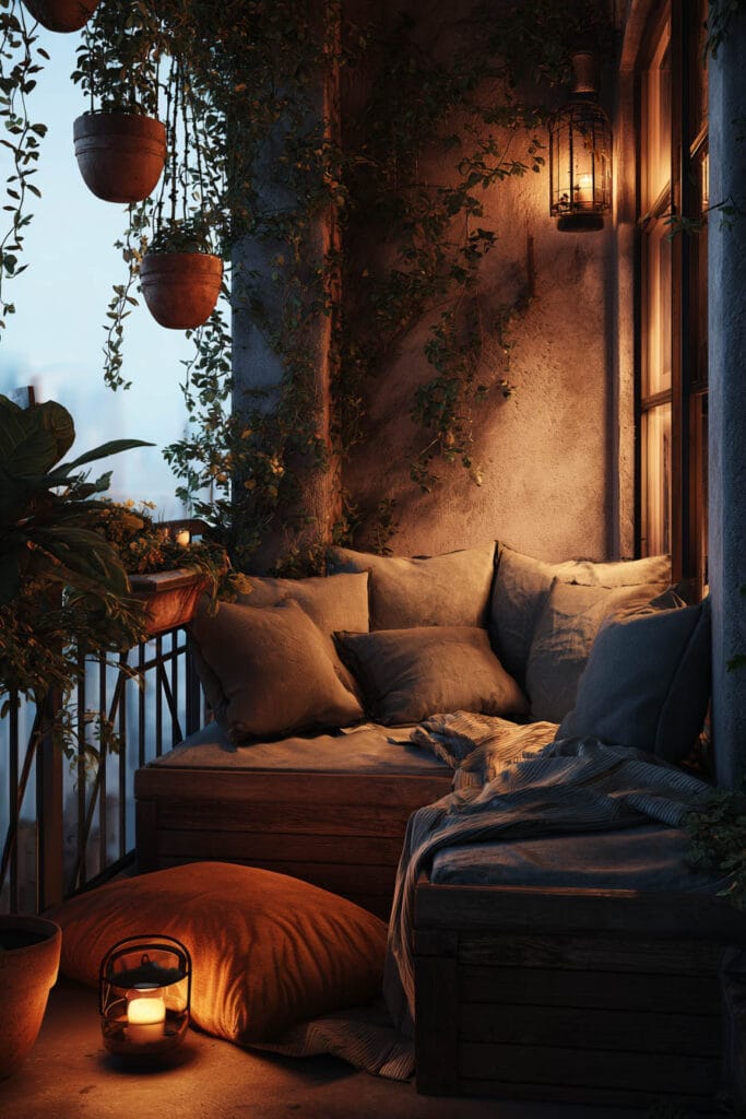 Warm lived-in balcony with lantern lighting, hanging planters, wood seating, soft cushions, greenery, and cozy evening ambiance.