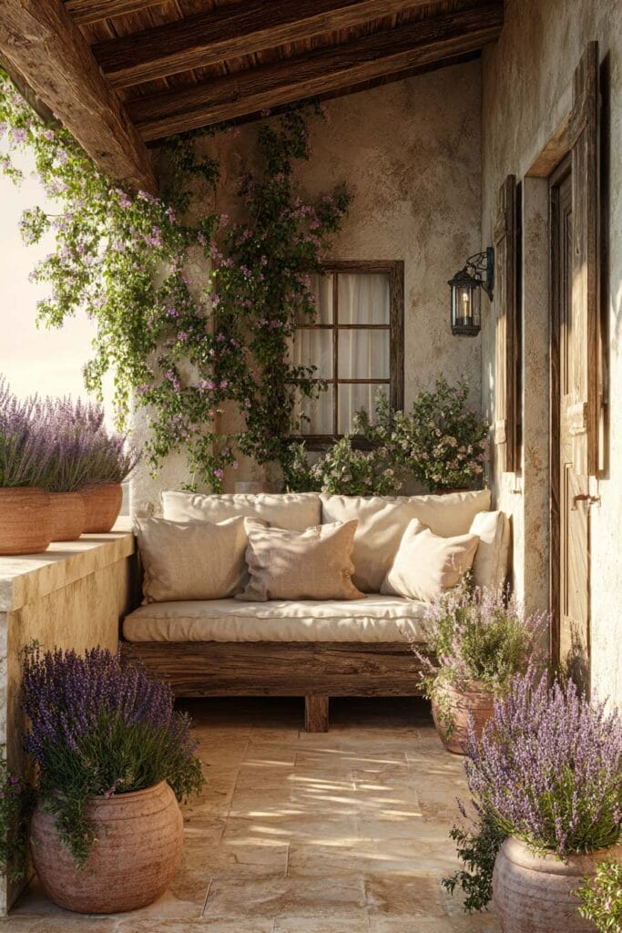 Mediterranean balcony with lavender in terracotta pots, flowering vines, rustic outdoor sofa, warm stone flooring, and Mediterranean herb garden decor.