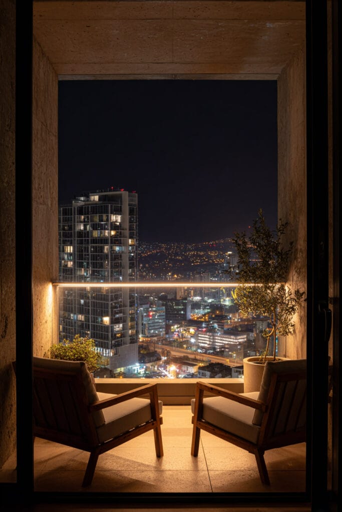 Modern balcony with two lounge chairs, city skyline view, concealed LED railing lighting, and luxury outdoor seating at night.