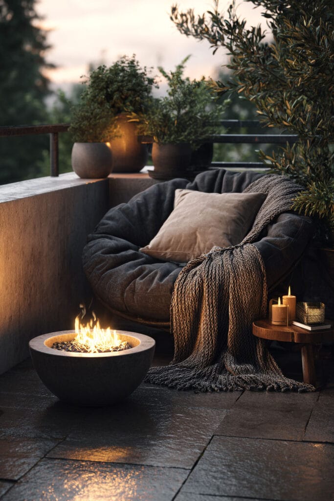 Moody balcony with round fire pit, oversized lounge chair, knit throw blanket, candles, potted plants, and cozy evening lighting.