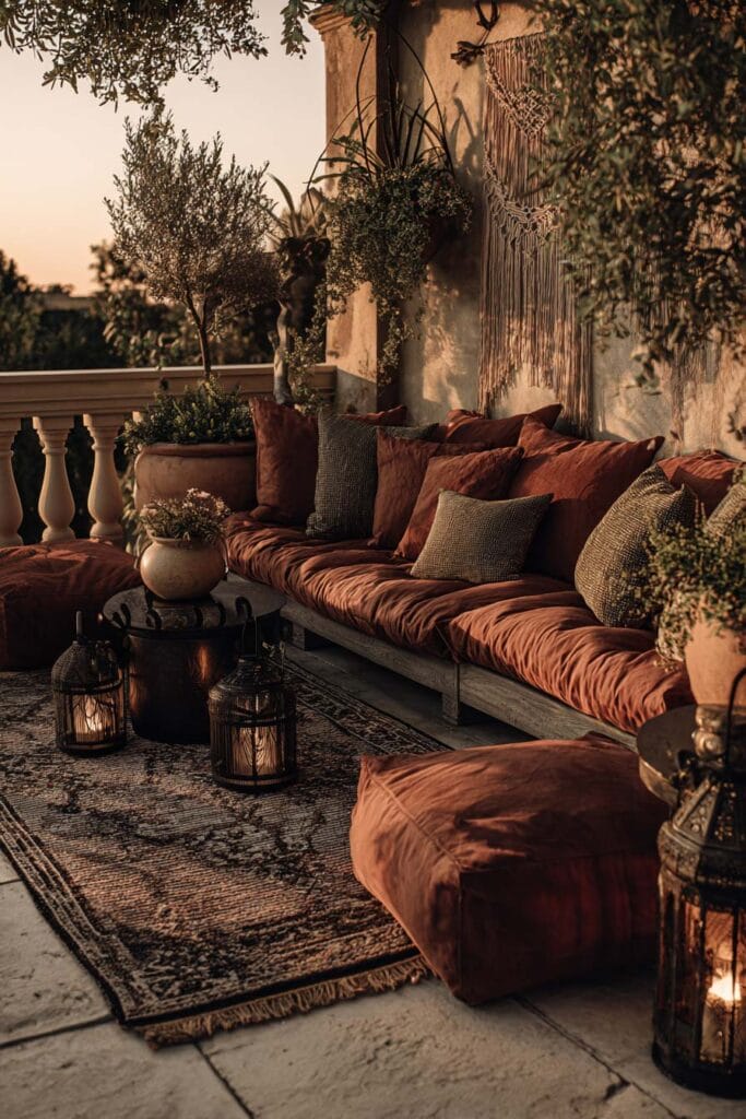 Moody boho balcony with terracotta floor cushions, vintage lanterns, layered seating, hanging plants, and warm earthy decor.