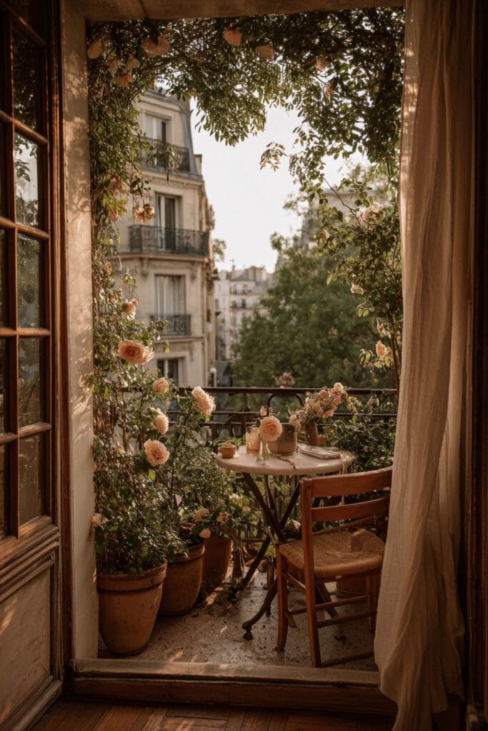 Paris balcony with climbing roses, terracotta pots, café table, soft curtains, and hidden garden café atmosphere