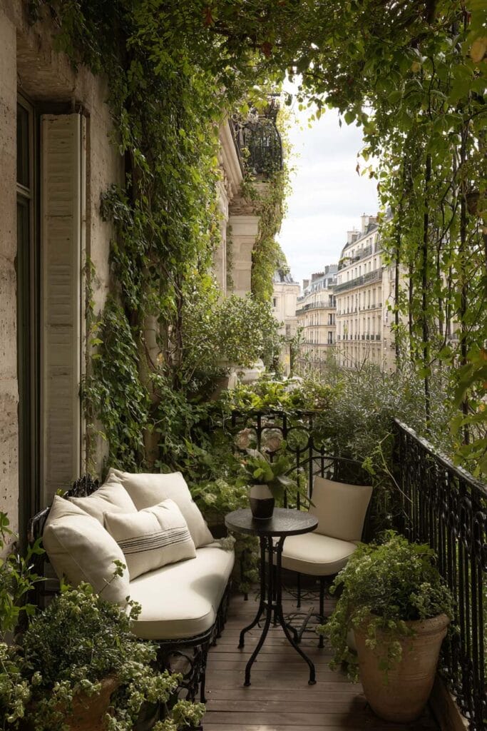 Private Paris balcony with climbing vines, lush potted plants, cozy outdoor seating, wrought iron railing, and hidden garden atmosphere