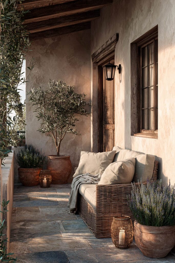 Rustic coastal Mediterranean balcony with wicker sofa, lavender planters, olive tree, terracotta pots, lanterns, and neutral outdoor seating.