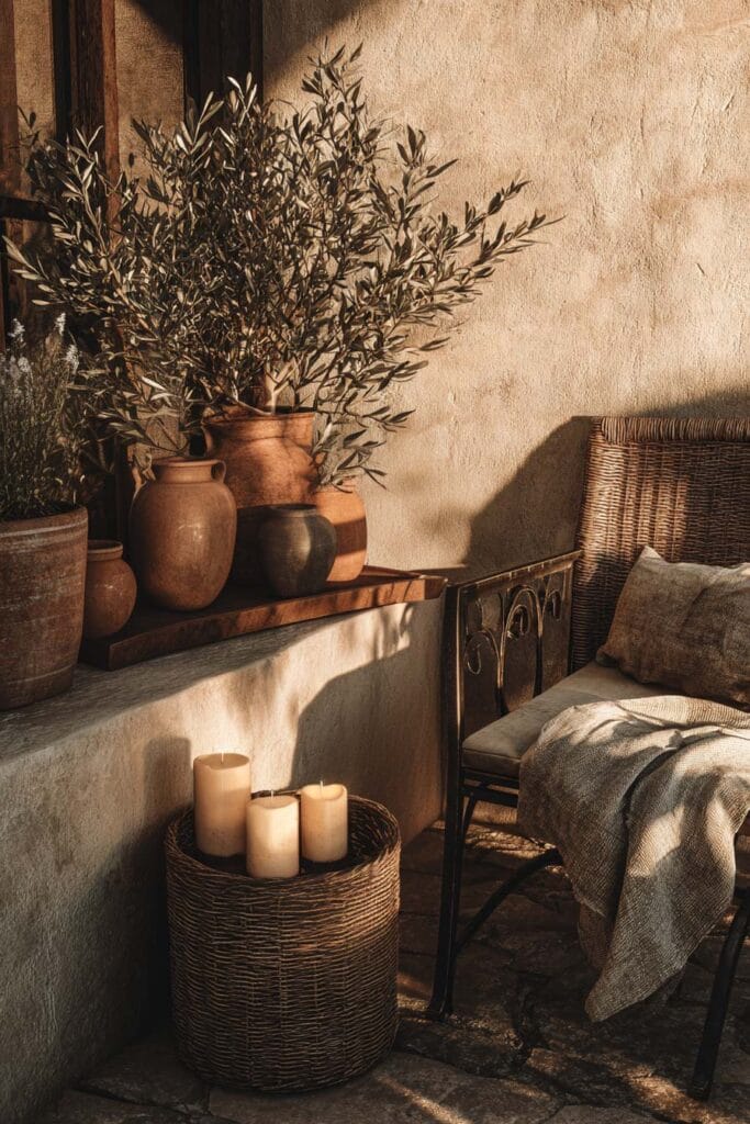 Rustic Mediterranean balcony styling with olive branches in pottery, woven basket candle holder, iron chair, neutral textiles, and warm terracotta accents.