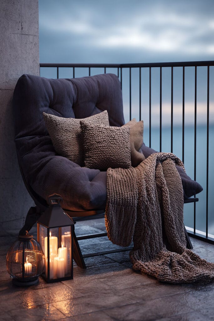 Blue hour balcony with cozy lounge chair, candle lanterns, knit blanket, textured pillows, and warm dusk lighting.