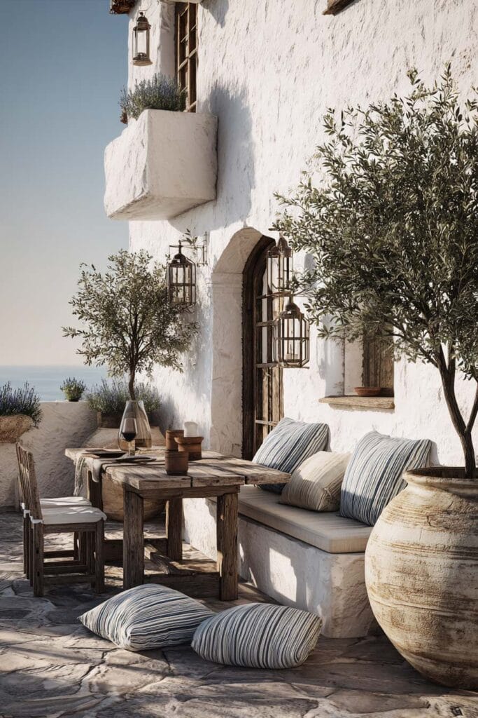 Coastal Mediterranean balcony with blue striped cushions, olive trees, white stucco walls, rustic wood dining table, oversized pottery, and ocean view.