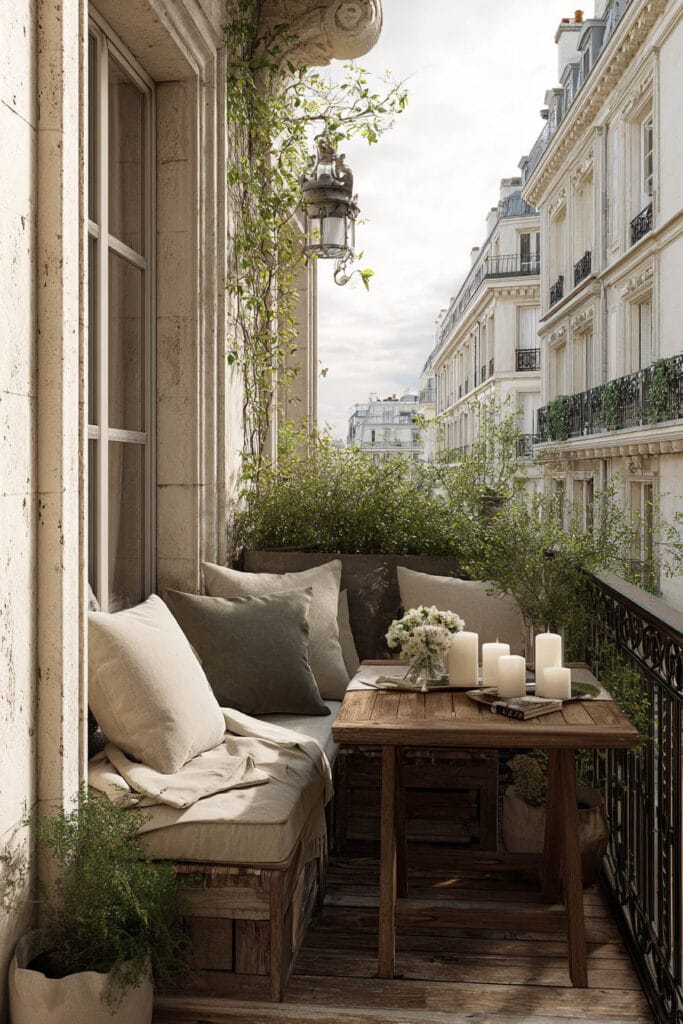 French balcony with weathered wood furniture, neutral cushions, overgrown greenery, candle decor, wrought iron railing, and timeless Parisian style.