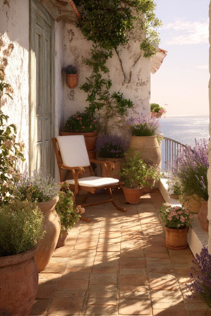 Mediterranean balcony with lavender plants, terracotta pots, wooden lounge chair, Mediterranean herbs, coastal view, and warm terracotta flooring.