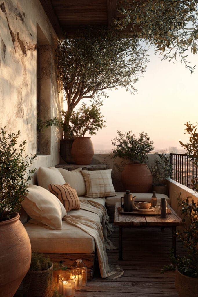 Mediterranean balcony with cozy built-in seating, terracotta pots, olive tree, rustic wood coffee table, neutral cushions, candles, and warm sunset lighting.