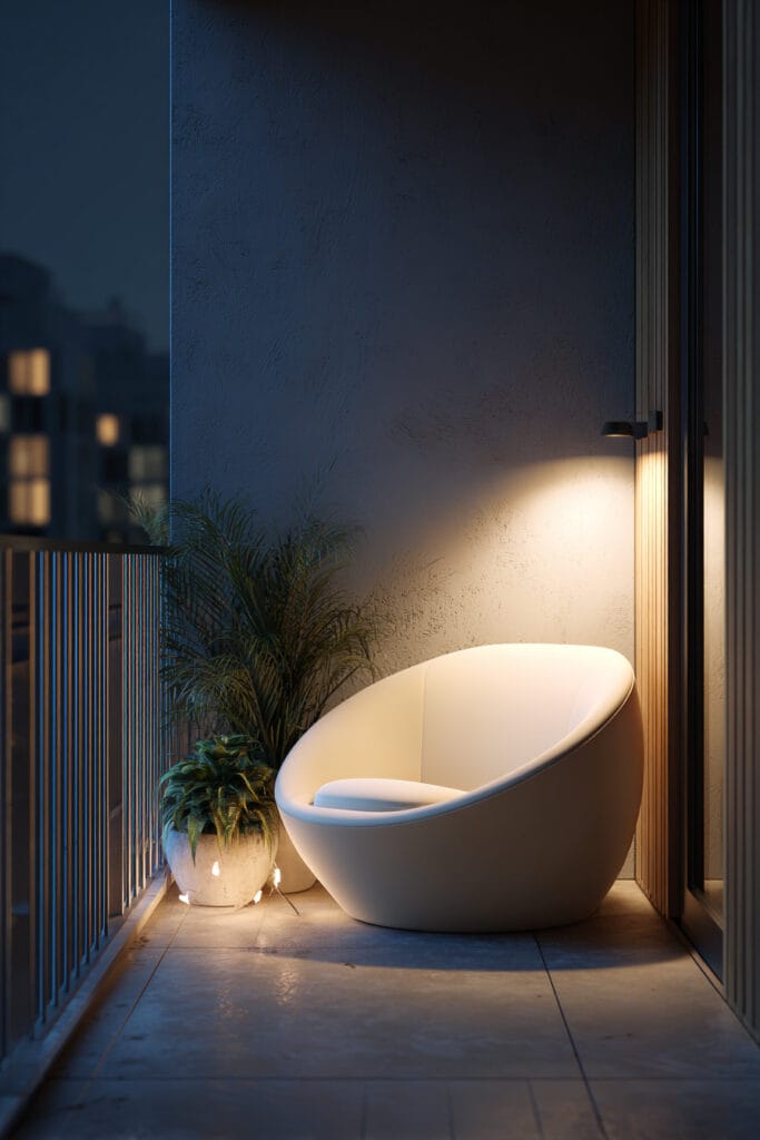 Modern balcony with sculptural white lounge chair, wall sconce lighting, potted plants, and minimalist outdoor seating at night.