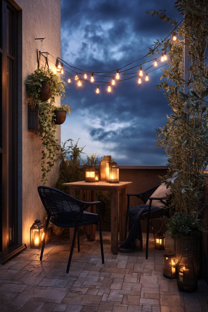 Moody balcony dining area with string lights, lanterns, candlelight, potted plants, and dramatic blue hour sky.
