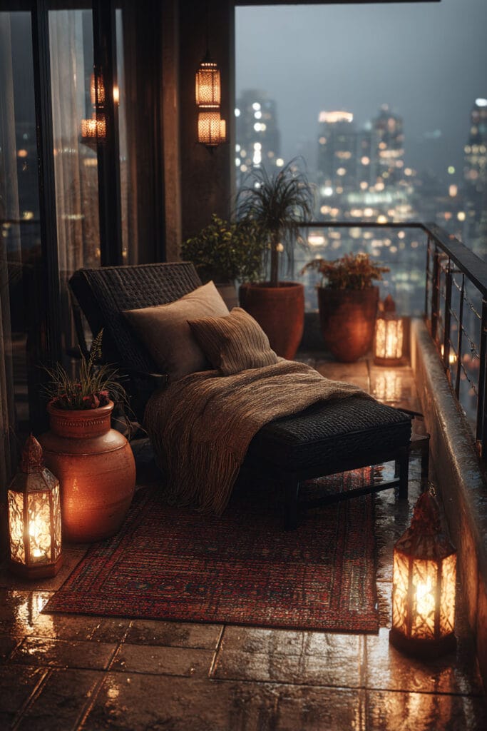 Moody boho balcony with lounge chair, lantern lighting, terracotta planters, patterned rug, city skyline views, and warm evening ambiance.