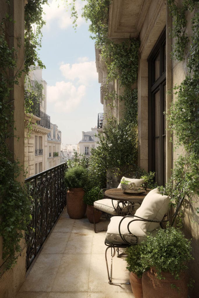 Private Paris balcony with wrought iron seating, climbing vines, terracotta planters, lush greenery, and classic French city views