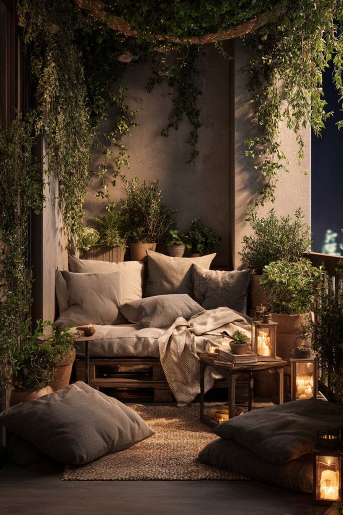 Warm lived-in balcony with floor cushions, lantern candles, layered textiles, potted plants, cozy seating, and ambient evening lighting.