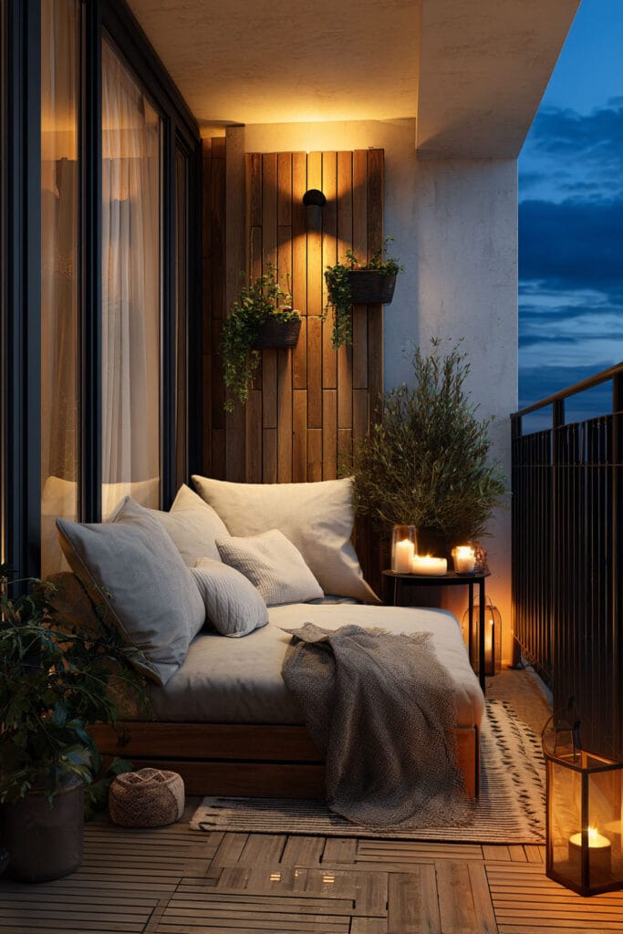 Cozy balcony with daybed seating, warm wall sconce, lantern candles, wood accent wall, and soft outdoor textiles at night.