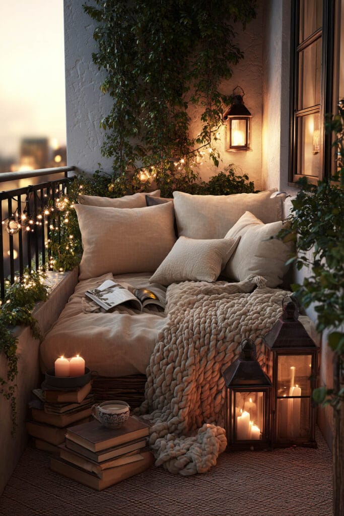 Cozy lived-in balcony with lantern candles, fairy lights, chunky knit blanket, stacked books, neutral cushions, and warm evening lighting.