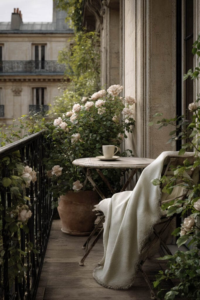 French balcony with blooming white roses, weathered café table, folding chairs, linen throw, wrought iron railing, and timeless Parisian decor.