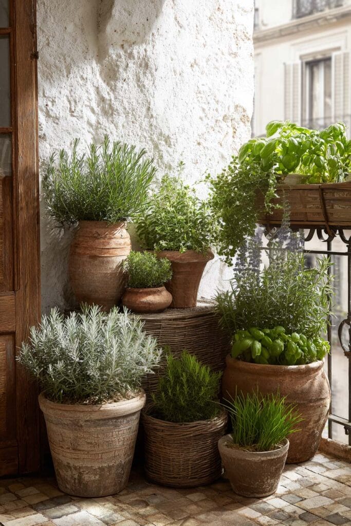 Mediterranean balcony herb garden with terracotta pots, lavender, rosemary, basil, thyme, woven baskets, and rustic Mediterranean decor.