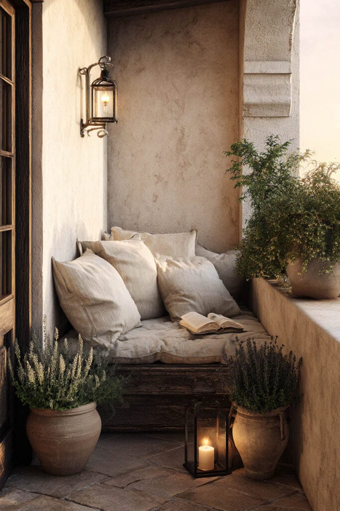 Small Mediterranean balcony reading nook with linen cushions, terracotta pots, lavender plants, candle lantern, rustic wood seating, and warm evening light.