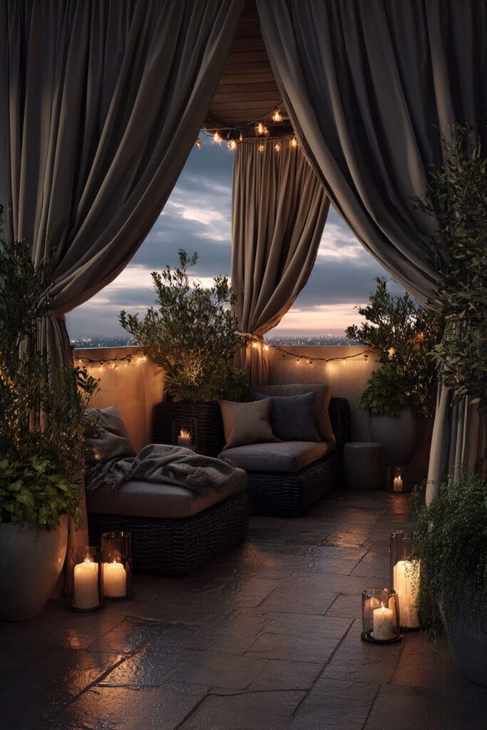 Moody balcony with outdoor curtains, string lights, candle lanterns, cozy seating, potted plants, and warm evening lighting.