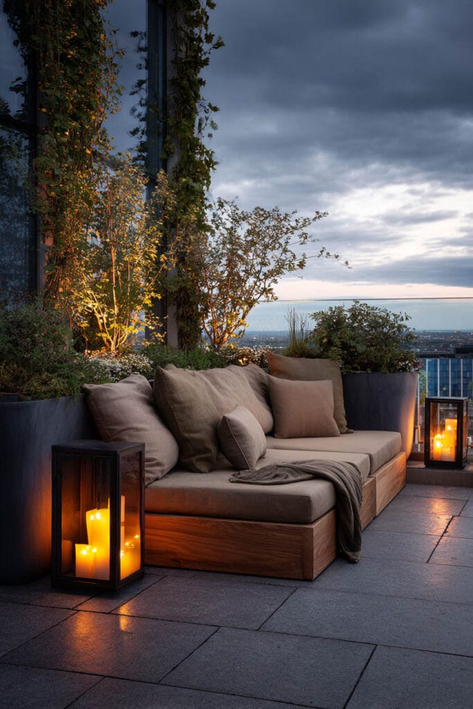 Modern moody balcony with outdoor sofa, lantern candles, illuminated plants, and dramatic blue hour sky.