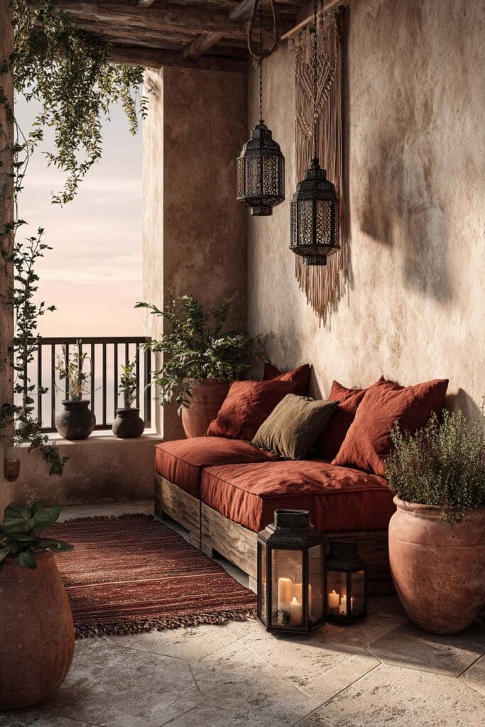 Moody boho balcony with hanging lanterns, terracotta planters, warm candlelight, earthy textiles, and cozy seating.