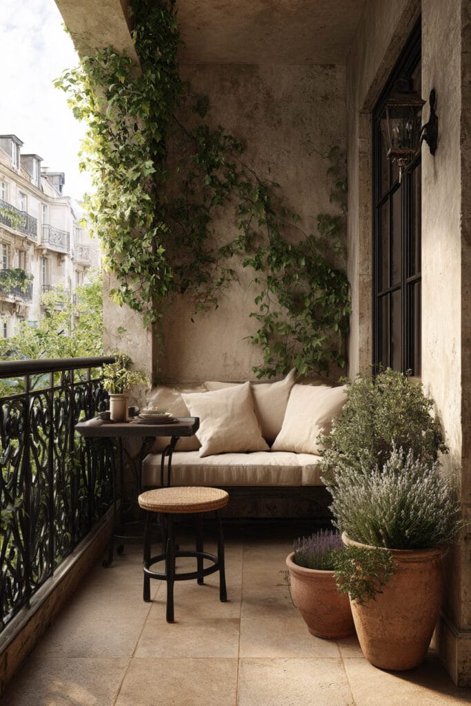 Paris balcony with aged stone walls, climbing vines, terracotta planters, neutral cushioned seating, and wrought iron railing