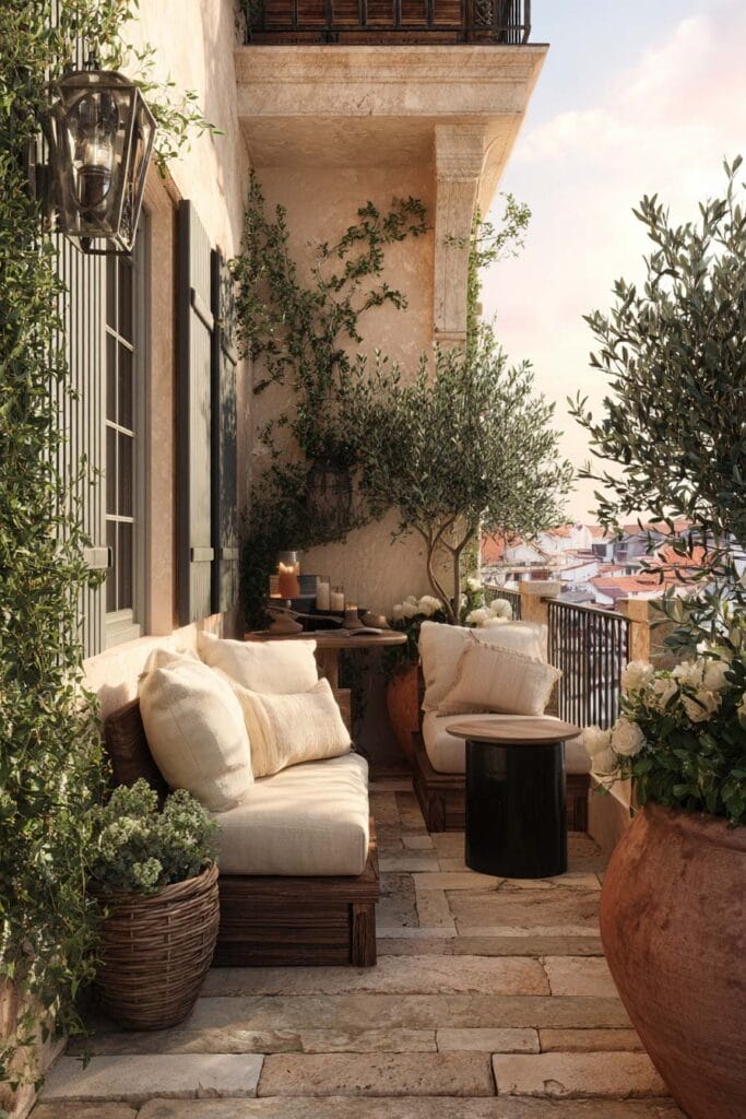Small Mediterranean balcony with olive trees, terracotta pots, climbing vines, cushioned lounge seating, stone flooring, and cozy outdoor retreat styling.