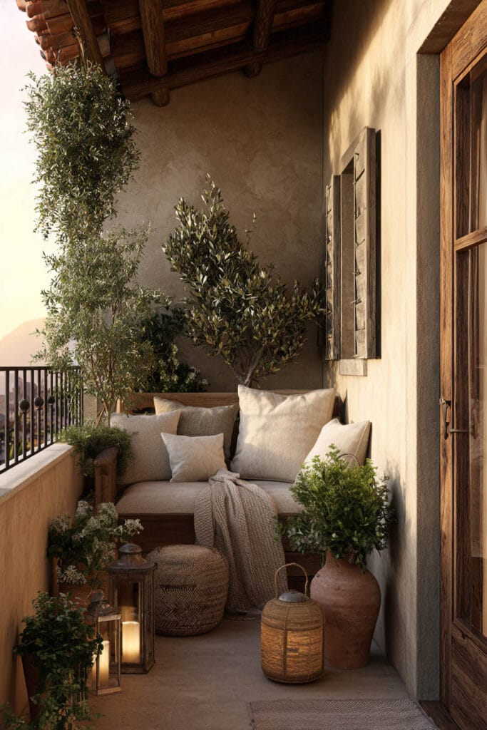 Cozy Mediterranean balcony with built-in bench seating, neutral linen cushions, terracotta planters, lanterns, olive trees, and warm natural evening light.