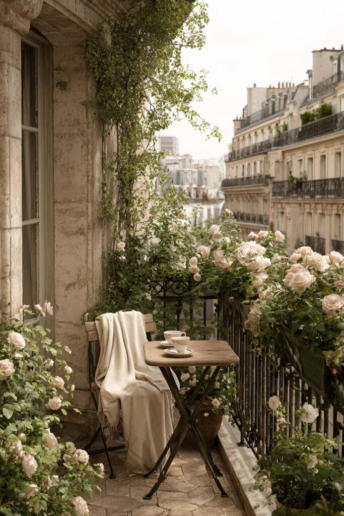 French balcony with blush roses, folding café table, linen throw, climbing greenery, wrought iron railing, and timeless Parisian decor.