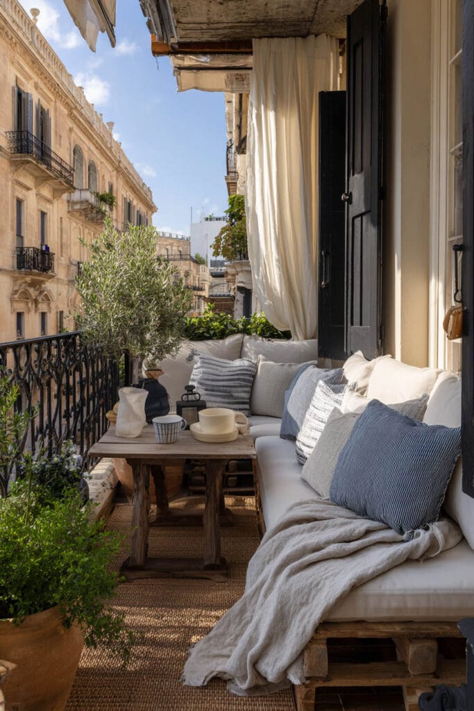 Mediterranean balcony with linen cushions, blue striped pillows, sheer curtains, olive tree, rustic wood furniture, and cozy outdoor seating.