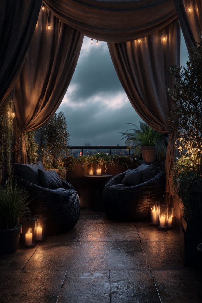 Moody balcony with outdoor curtains, candle lanterns, string lights, cozy seating, and dramatic evening sky.